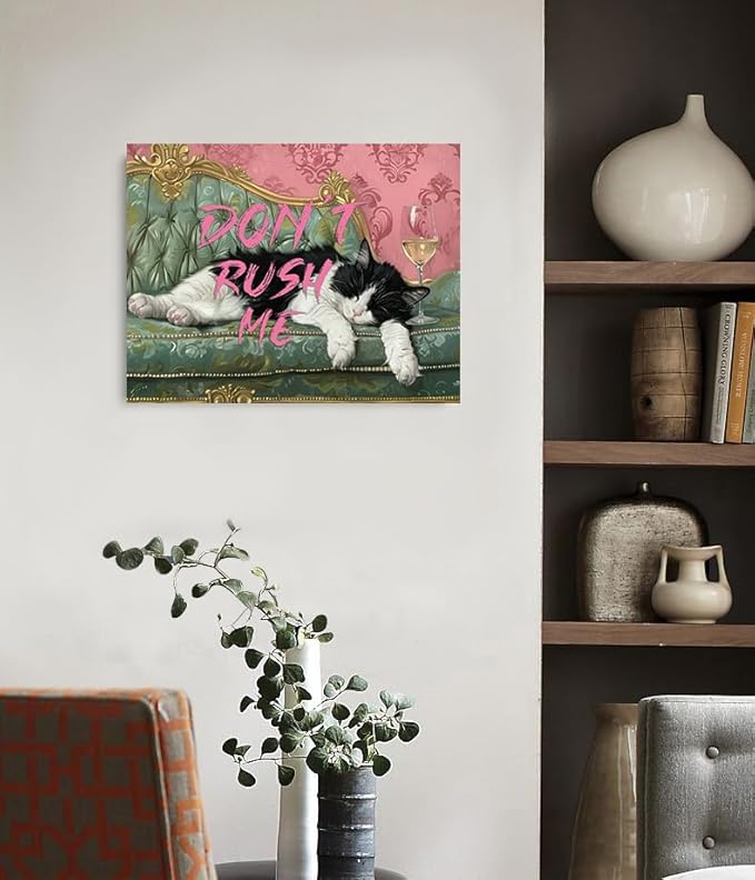 Pveror Funny Cat Wall Art Canvas Dont Rush Me Sleeping Black White Cat Painting Vintage Sofa Style Humorous Decor for Living Room Bedroom Office Pet Lover Gift Modern Home Decor 12x16 Inches