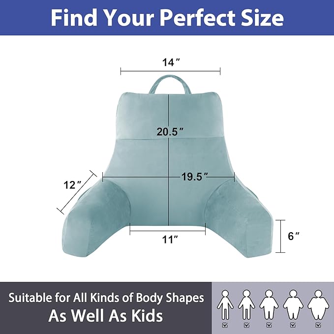 IPYNBAP Reading Pillow with Arms For Adult, Back Pillow for Bed Sitting Up, Shredded Memory Foam Backrest Pillow with Pockets & Removable Washable Cover, Lounging, Watching TV, Reading(20in Lake Blue)