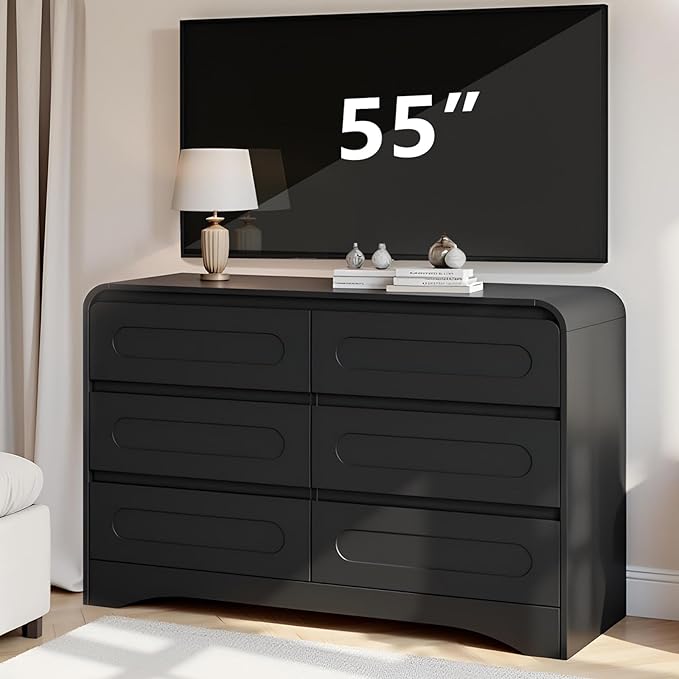 Black Dresser, Modern 6 Drawers Dressers & Chest of Drawers with Pre-installed Slide&Curved Profile Design, 47" Wide Wood Closet Clothes Storage Dressers Organizer for Bedroom Living Room Hallway