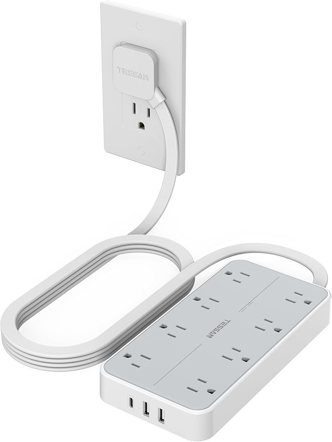 TESSAN Flat Plug Extension Cord 6 FT, Surge Protector Power Strip with 8 AC Outlets 3 USB (1 USB C), 1080 Joules, 1875W 15A, Multiple Wall Outlet Extender Station for Home Office School Dorm