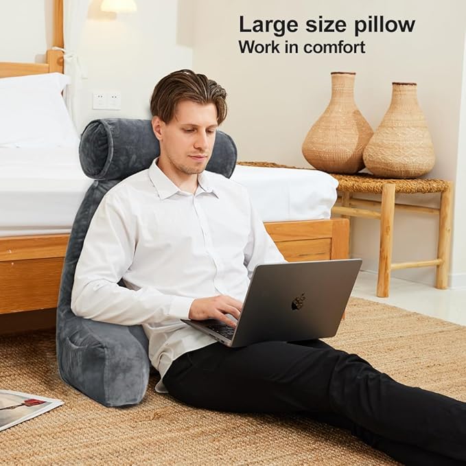 mittaGonG Extra Large Reading Pillow for Sitting in Bed Adult with Detachable Neck Support Cushion & Backrest Pillow for Bed with Arms and Side Pocket Shredded Foam Back Pillow with Washable Cover