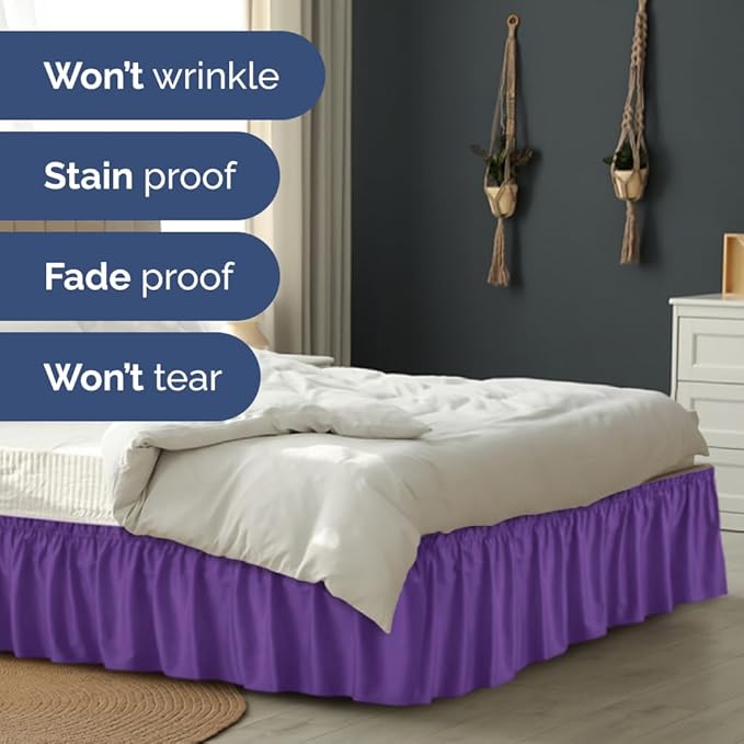 Wrap Around Dust Ruffle Bed Skirt - Purple - Twin/Twin XL Size Beds with 21 Inch Drop - Easy Fit Elastic Strap - Adjustable Pleated Bedskirt w/Brushed Fabric - Wrinkle Free - Women, Men, Kids & Teens