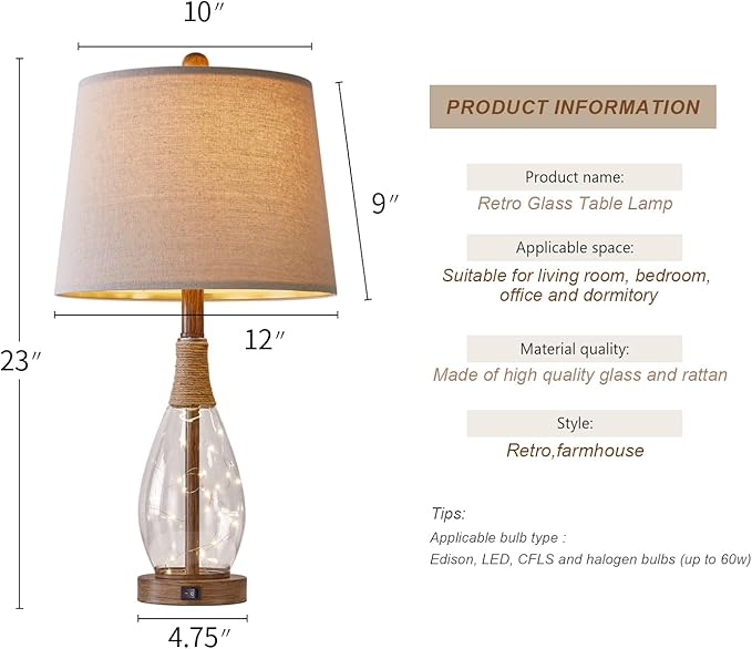 OYEARS Wood-Like Bedside Table Lamps Set of 2 with USB, Farmhouse Nightstand Lamps for Bedroom, Retro Rattan Table Lamps for Night Stands, Living Room, Boho Table Lamp with Glass Nightlight