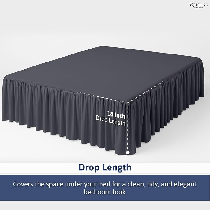 KRISHNA Ruffled Bed Skirt with Split Corners Full, 100% Microfiber Hotel Quality, 18 Inch Drop Dust Ruffle Gathered Bedskirt with Platform, 54" x 75", Dark Grey