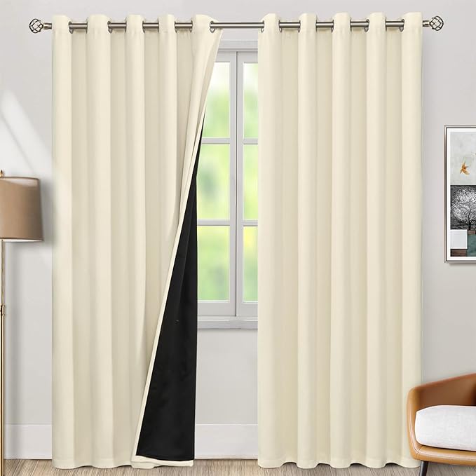 BGment Thermal Insulated 100% Blackout Curtains 84 Inch Length 2 Panels, Total Light Blocking Curtains for Bedroom, Grommet Window Drapes with Thick Black Liner, 60 Inch Wide Each Panel, Cream