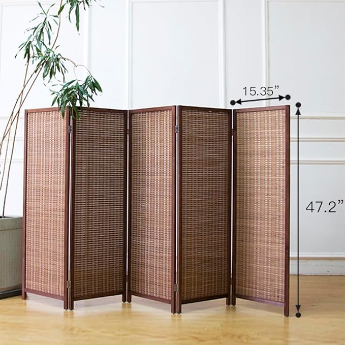 5 Panel Short Room Divider Screen,Brown Freestanding Partition,Small Bamboo Panel Divider for Room Seperation,3.95 FT Tall