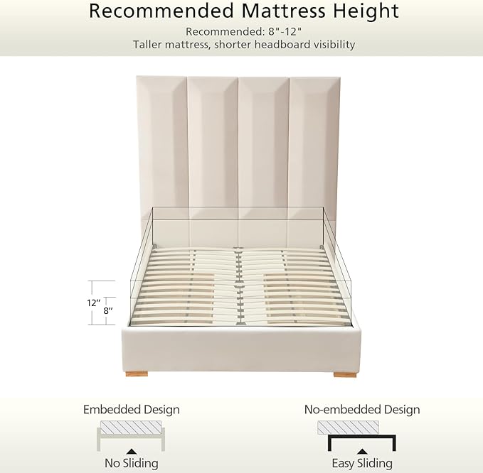 VELOCAVA Queen Size Upholstered Bed Frame with Extra Tall 71.5" 3D Geometric Headboard, Velvet-Like Fabric, 2 Storage Drawers, 30 Wood Slats, Adjustable Center Support, No Box Spring Needed, Beige