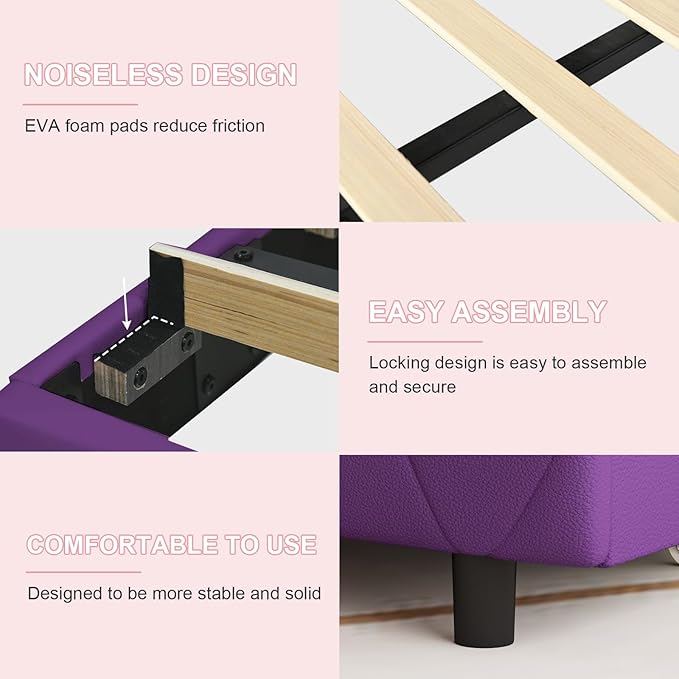 Twin Bed Frames with Storage Drawers and LED Lights, Upholstered Bed with Crystal Tufted Headboard, Princess Platform Bed with Wooden Slats Support, No Box Spring Needed, Purple