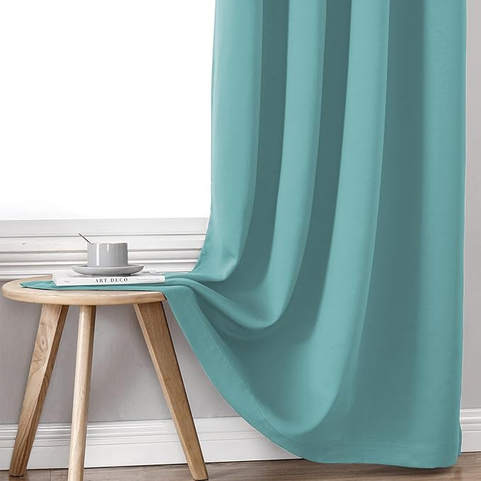 ChrisDowa 100% Blackout Curtains 63 inch Long for Bedroom with Black Liner, 2 Thick Layers Total Blackout Thermal Insulated Grommet Window Curtains 2 Panels Set (Aqua, 52 x 63 Inch)
