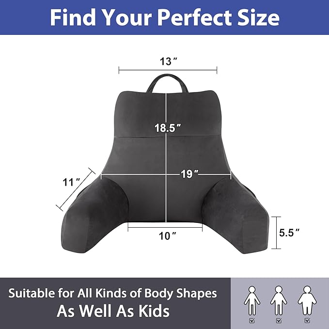 IPYNBAP Back Pillow for Bed Sitting up, Reading Pillow for Sitting in Bed Adult, Back Support Pillow, Memory Foam Sit up Lounge Backrest Pillow with Arms for TV, Couch, Chair, Dorm, 18 Inch, Grey