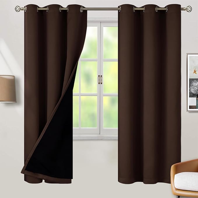BGment Thermal Insulated 100% Blackout Curtains for Bedroom with Black Liner, Double Layer Full Room Darkening Noise Reducing Grommet Curtain (42 x 72 Inch, Brown, 2 Panels)
