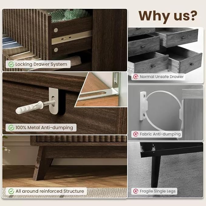 43'' Hight 5 Drawers Dresser for Bedroom,Modern Fluted Vertical Chest with Rounded Corners,Fluted Dresser for Living Room,Hallway, Walnut