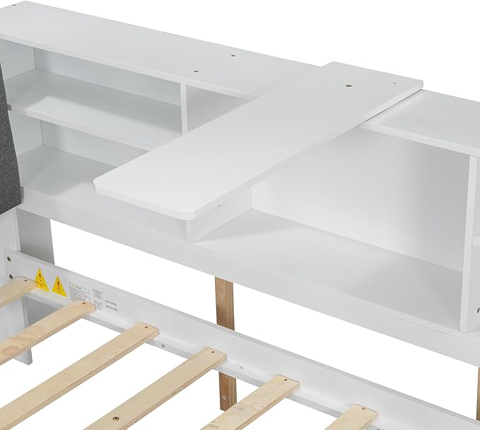 Ball & Cast Full Size Wooden Storage Daybed Frame, Modern Platform Bed with Trundle & Flip Headboard & Shelves, L Shaped Full Floor-Bed w/Upholstered Headboard&Storage, No Box Spring Needed, White