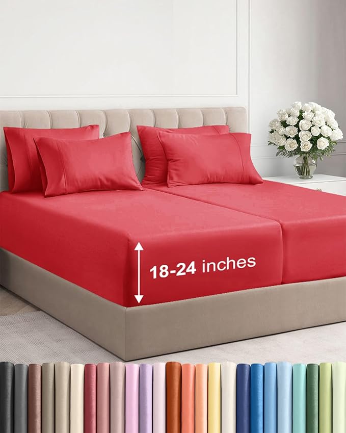 Extra Deep Split King Sheet Set - 7 Piece Breathable & Cooling Sheets - Hotel Luxury Bed Sheets Set - Easy & Secure Fit - Soft, Wrinkle Free & Comfy Sheets Set - Red Sheet Set with Extra Deep Pockets