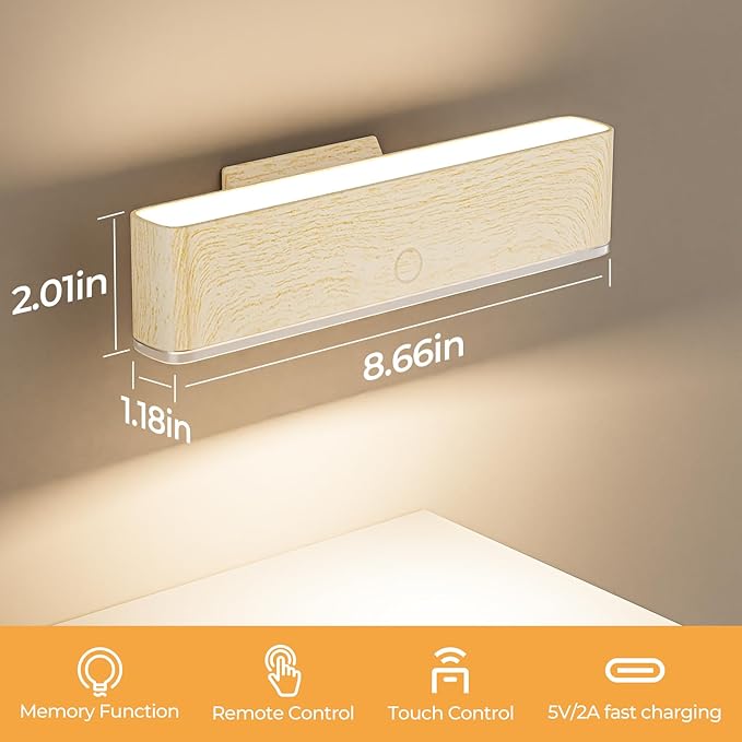 MOITA Magnetic Wireless Battery Operated Wall Sconce, Rechargeable Remote Control & Touch Control Wall Sconces Set of Two, 3-Color Temperatures LED Wall Lights, 360° Rotatable (Beech, 2-Pack)