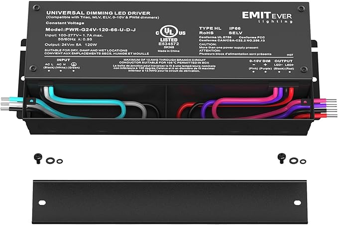 EMITEVER Dimmable Led Driver, 2 Packs 120W AC 110V-277V to DC 24V Transformer, 5-in-1 Dimming: ELV/MLV/TRIAC / 0-10V / 1-10V / 10V PWM/Potentiometer, Waterproof IP67 and UL Listed