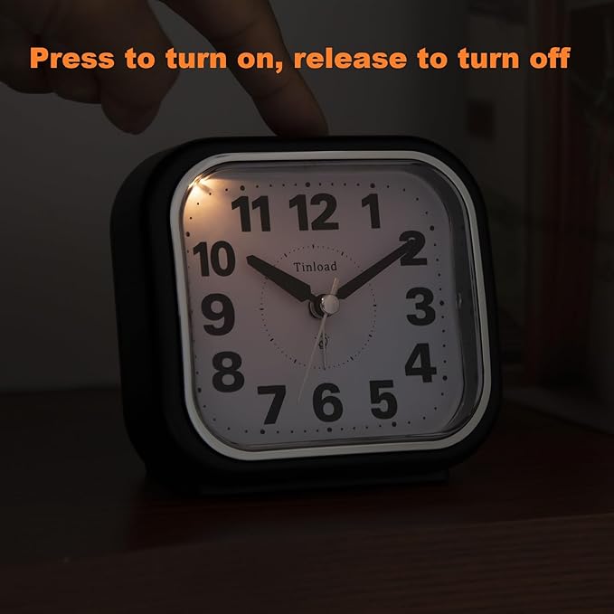 4.5" Compact Analog Alarm Clock, Silent Readable for Seniors, Easy to Set, Gradual Rise Alarm, Big Numbers, On/Off Switch on Side, Gentle Wake, Snooze, Lighted on Demand, Battery Operated, Black