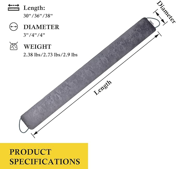 fowong Door Draft Stopper 38 Inch Weighted Under Door Draft Blocker Soundproofing Guard Wind Blocker with Hook Tapes for Easy Install, Grey