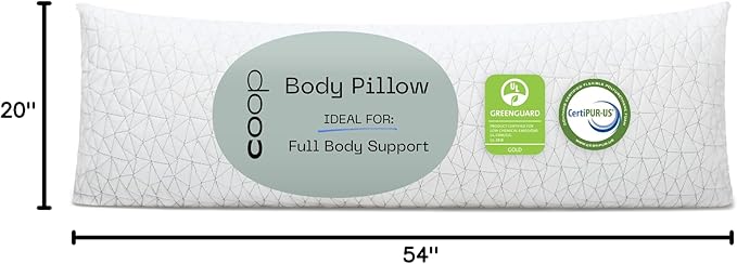 Coop Home Goods Original Adjustable Body Pillow, 20x54 Long Pillow for Back, Shoulder, Hip and Knee Support, Side Sleeper Body Pillows for Adults with Memory Foam & Washable Cover