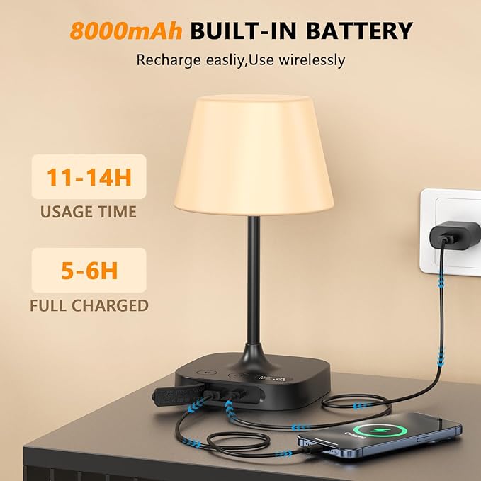 Outdoor Table Lamp - 8000mAh Cordless Rechargeable Battery,Dimmable LED Display Touch Lamp for Camping Patio and Bedroom (Black)