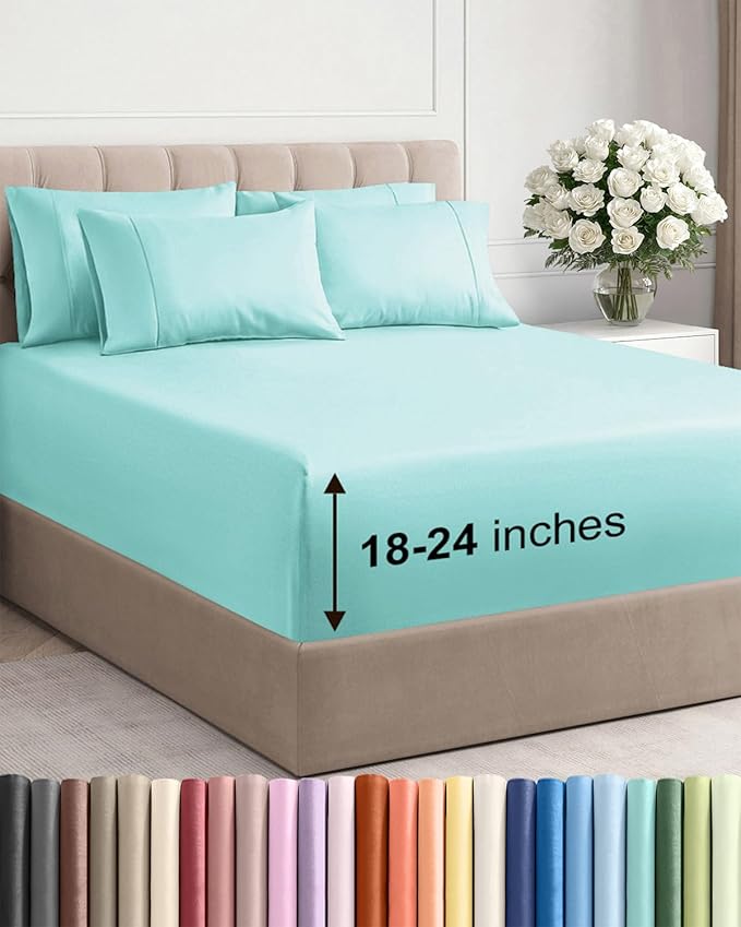Extra Deep King Sheet Set - 6 Piece Breathable & Cooling Sheets - Hotel Luxury Bed Sheets Set - Easy & Secure Fit - Soft, Wrinkle Free & Comfy Sheets Set - Spa Blue Sheet Set with Extra Deep Pockets