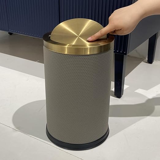 2.4 Gallon Bathroom Trash Can with Lid, Pu Leather Modern Garbage Can, Round Decorative Waste Basket, for Near Desk, Powder, Bedroom, Hotel, Office, Home (9L-Checked Grey)