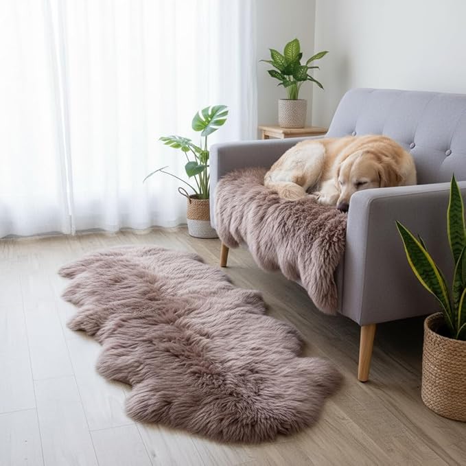 Premium Genuine Sheepskin Rug 2' x 6' Long Fur Soft & Natural Bedside Area Rug, Tan, Double Pelt