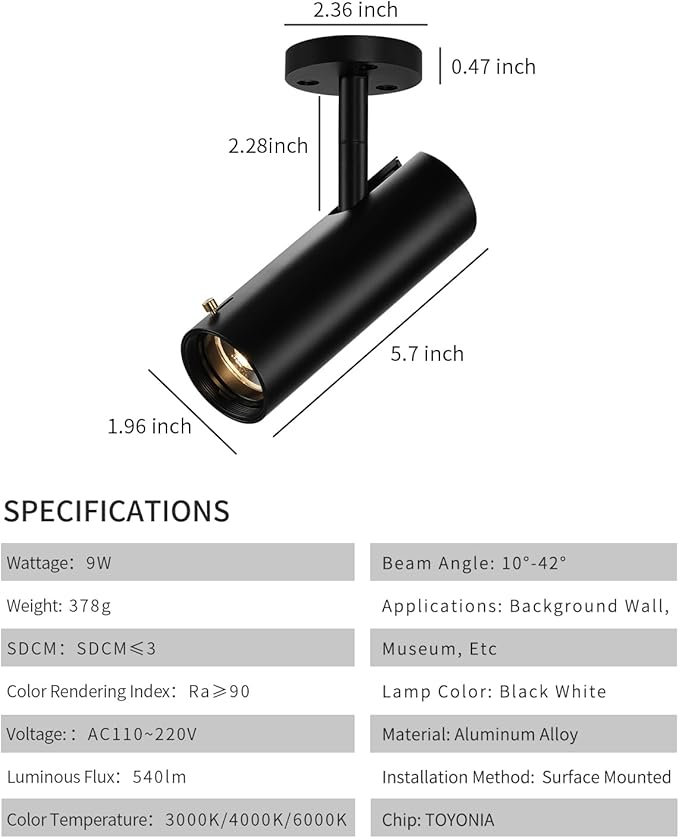 LED Ceiling Spotlight, 9w Cob Ceiling Spot Light, Zoomable Light, Narrow Beam Angle Adjustable Anti-Glare Ra>90 for Hotel Art Gallery Restaurant Lighting