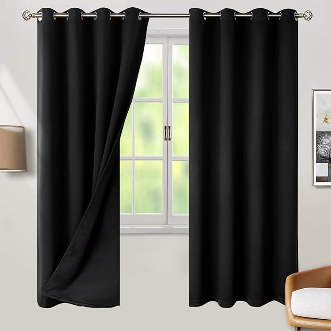 BGment Thermal Insulated 100% Blackout Curtains for Bedroom with Black Liner, Double Layer Full Room Darkening Noise Reducing Grommet Curtain (52 x 72 Inch, Black, 2 Panels)