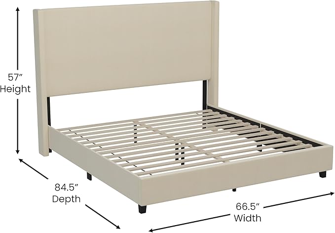 EMMA + OLIVER Nora Queen Size Faux Linen Upholstered Platform Bed with Plush Padded Wingback Headboard (No Box Spring Needed), Modern Upholstered Headboard Queen Bed Frame, Beige