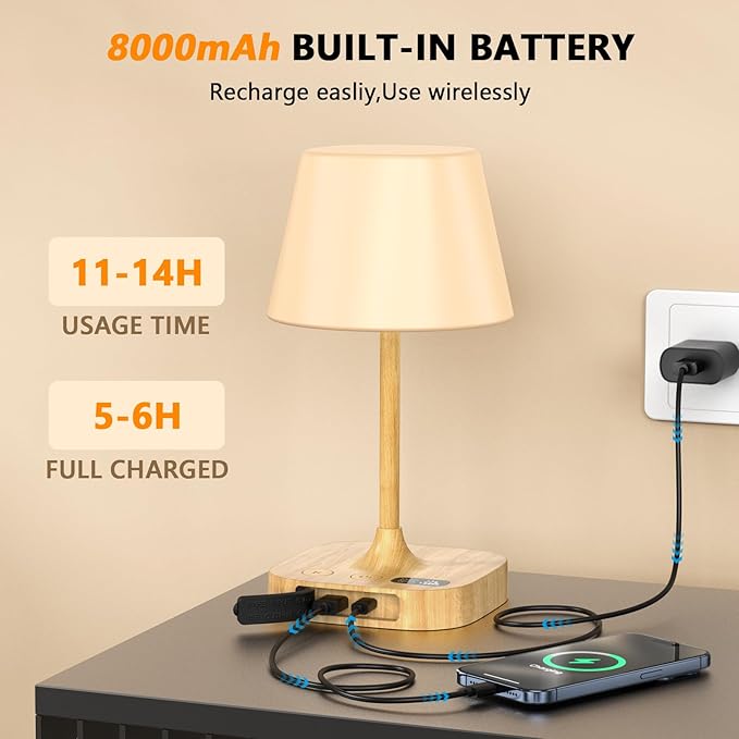 Outdoor Table Lamp - 8000mAh Cordless Rechargeable Battery,Dimmable LED Display Touch Lamp for Camping Patio and Bedroom (Wood Grain)