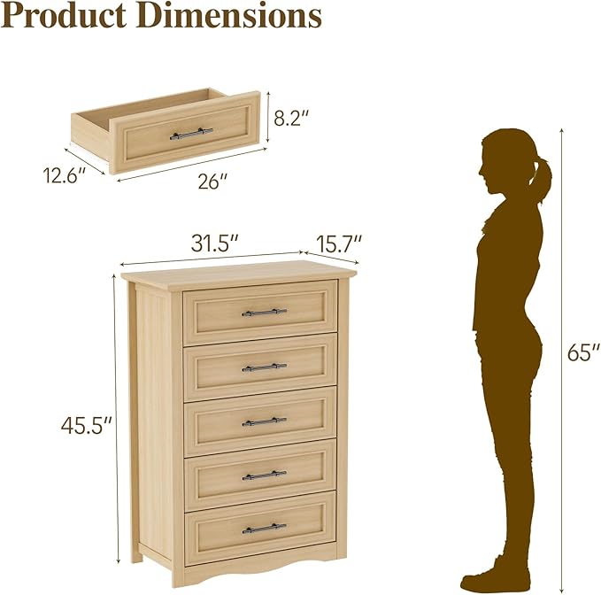 Farmhouse 5 Drawers Dresser, 45.5" H Modern Country Storage Dressers with Brushed Metal Handles, Wood Storage Organizers for Bedroom, Living Room, Hallway, Light Oak