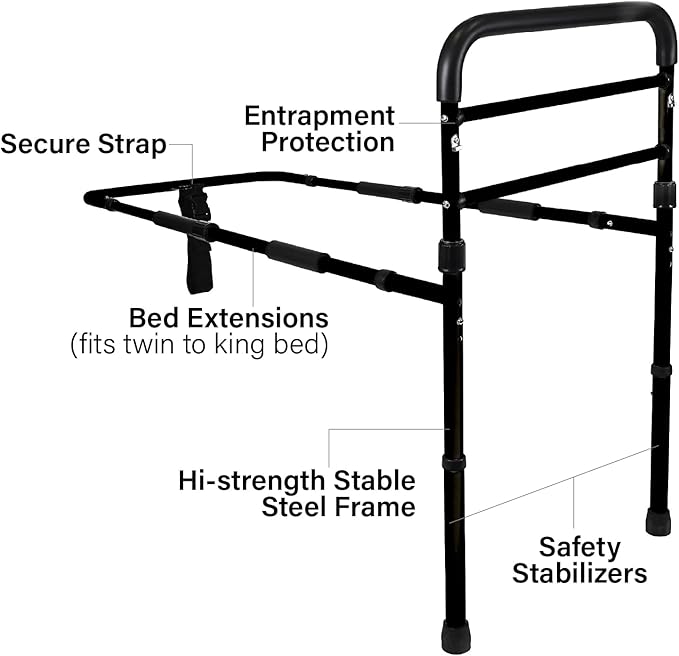 Vaunn Medical New Adjustable Bed Assist Rail Handle (Passed ASTM F3186–17 Safety Standard) and Hand Guard Grab Bar, Bedside Safety and Stability (Tool-Free Assembly)