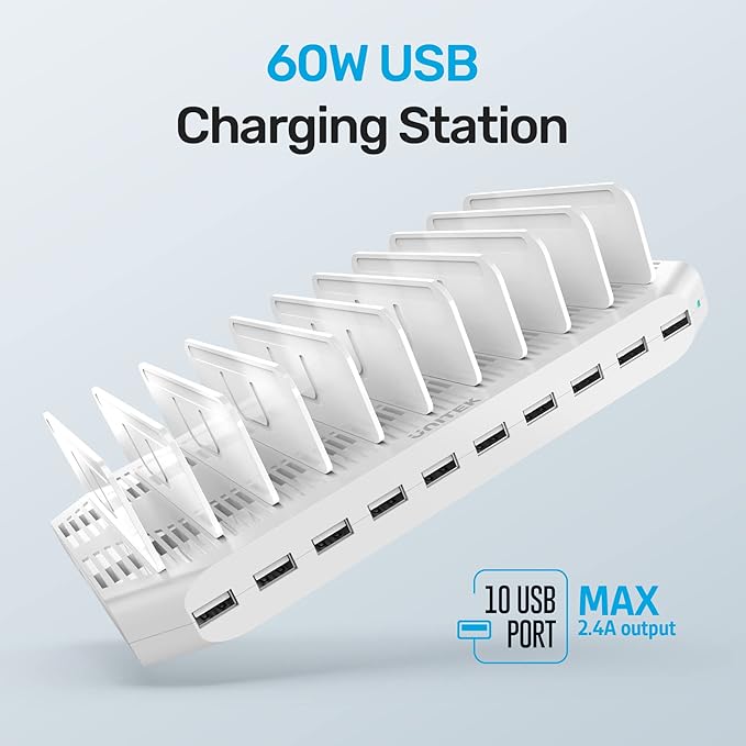 【5PCS】 Unitek Multi Charging Station, 10-Port USB Charger for Multiple Device with SmartIC Tech and Adjustable Dividers, Organizer Stand Compatible with iPad, Tablet, Kindle, iPhone - 5PCS, White