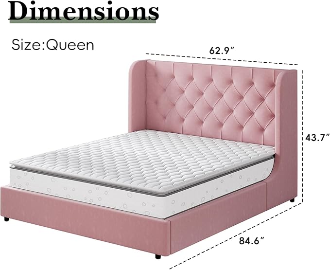 HOMBCK Pink Queen Bed Frame, Upholstered Platform Bed Frame with Velvet Tufted Headboard, Curved Wingback Design, Wooden Slats, No Box Spring, Noise Free, Easy Assembly