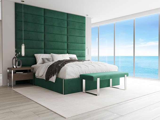 VANT Upholstered Bed Bench - Velvet Emerald Green - Brushed Nickel - Contemporary Modern, Bedroom Bench Seat, Hallway, or Entryway