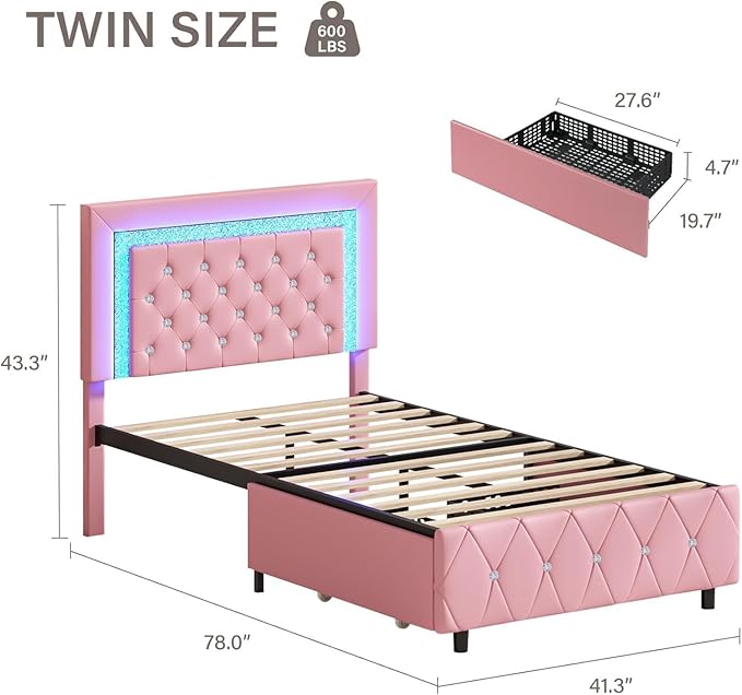 BarnFurin Twin Bed Frame with LED Lights and Storage Drawers, Upholstered Platform Bed with Diamond Headboard, Faux Leather Princess Platform Bed, No Box Spring Needed, Easy Assembly, Pink