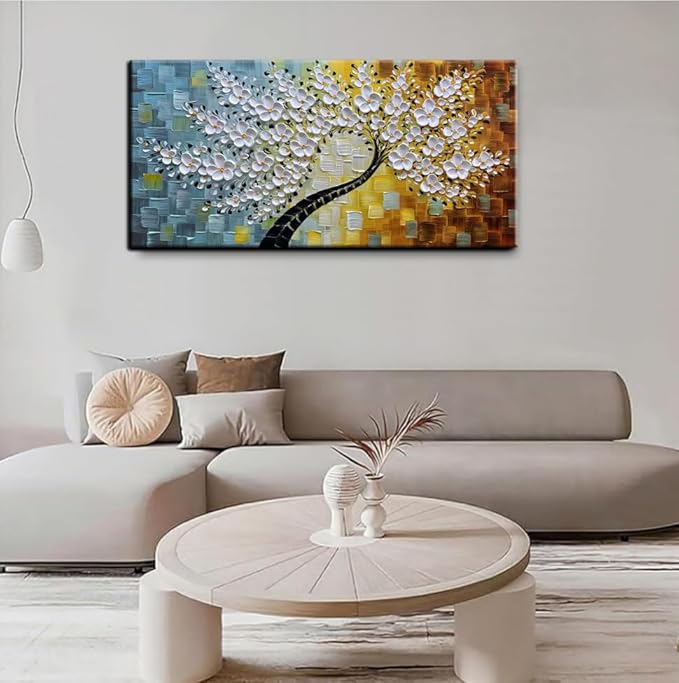 YaSheng Art -100% HandPainted Oil Painting On Canvas Texture White 3D Flower Tree Paintings Abstract Canvas Wall Art Home Bedroom Dining Room Living Room Modern Wall Decor Art Ready to hang 24x48inch