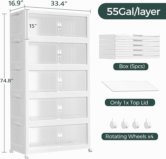 275Gal Stackable Storage Bins with Lid, 1100Qt Extra Large Collapsible Storage Box with Doors and Wheels, Plastic Closet Organizer and Storage Cabinet Drawer for Home Kitchen, 5Pack White