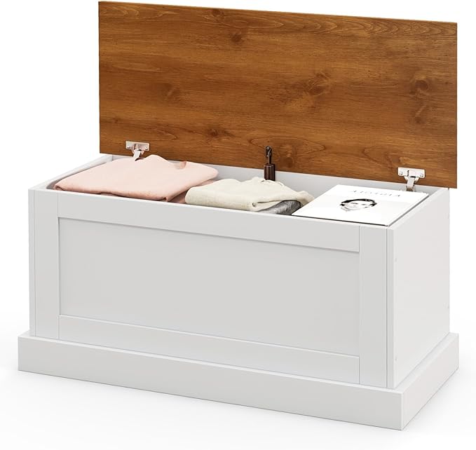 LOKO 35.5” Storage Chest, Lift Top Storage Box with Metal Hinges, Wooden Storage Bench with Safety Hydraulic Strut, Large Farmhouse Storage Trunk for Living Room, Bedroom, Entryway (White & Walnut)