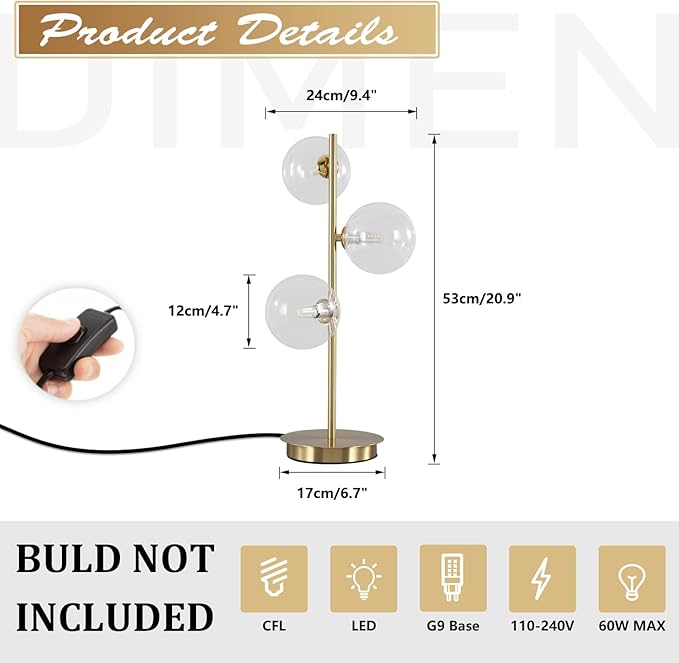Glass Table lamp Gold,3-Globe Table lamp Tall,Reading Lamp for Bedroom Living Room Study Room