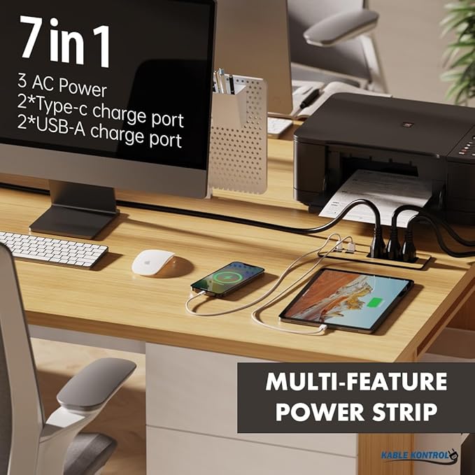 Kable Kontrol Recessed Power Strip Kit with Fast Charging 2 PD65W USB-C Ports, 2 USB-A Ports, 3 Power Desk Outlets, Replaceable Wooden Finish Panel Plate Flush Mount Charging Station Grommet - 20 Pcs