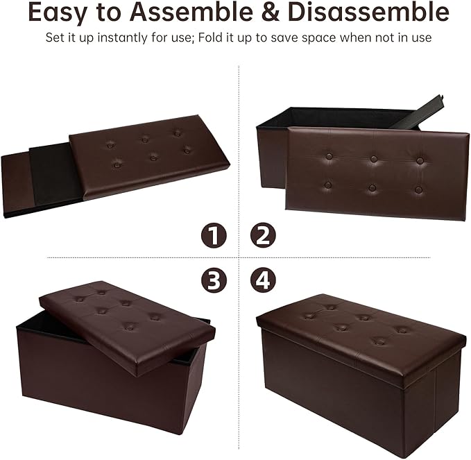 xupersodys 30 Inches Folding Storage Ottoman Bench, Faux Leather Footstool Ottoman, Storage Trunk Footrest for Bedroom, Living Room and Hallway, Support 350lbs, Brown(Brown line)