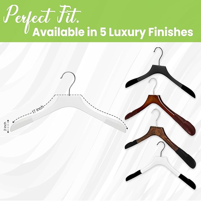 Premium Luxe Wooden Hangers for Women, Wide Shoulder Design for Dresses, Skirts, Sweaters & Blouses, Heavy Duty with Velvet Grip, White with White Velvet, 6 pcs