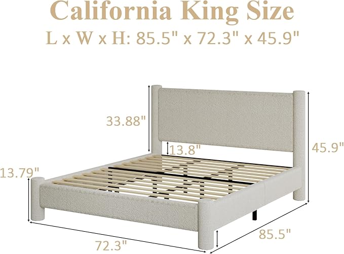California King Size Bed Frame, Boucle Bed Frame with Headborad, Soft Upholstered Platform Bed Frame with Rounded Corners, No Box Spring Required, Easy Assembly, Cream