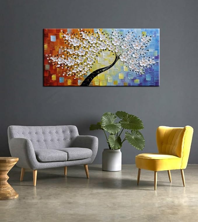 YaSheng Art -Handmade Colorful 3D Flowers Art Oil Painting On Canvas Texture Palette Knife Tree Paintings Modern Abstract Canvas Wall Art Home Interior living room Bedroom Decor Art 24x48inch