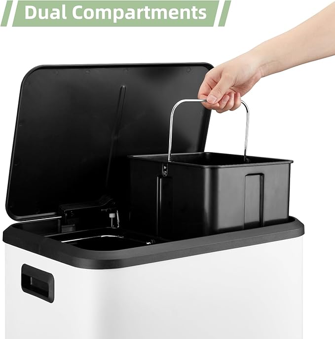 8 Gallon/30 Liter Dual Compartment Trash Can, Stainless Steel Garbage Can with Soft-Close Lid and Two Removable Inner Buckets, 2 x 15L Two Compartment Trash Bin for Kitchen Bedroom Home, White