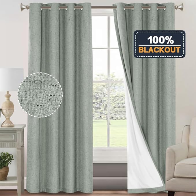 PrinceDeco 100% Blackout Curtains for Bedroom Linen Blackout Curtains 84 Inches Long Anti-Rust Grommet Room Darkening Curtains & Drapes Energy Saving with White Liner, 2 Panels, Green Bay