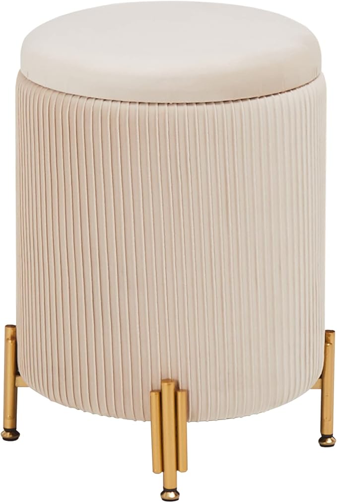 Mxfurhawa Round Ottoman Foot Stool with Storage and Metal Legs for Living Room Bedroom, Velvet Upholstered Footrest Stool Support 300lbs Modern Padded Seat Ottoman Coffee Table (Beige)