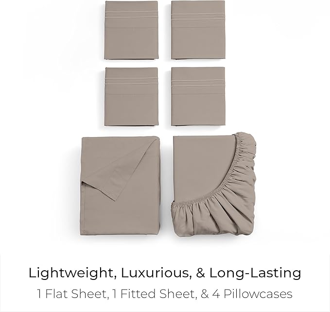 Mellanni King Sheet Set - 6-Piece Iconic Collection Bedding, (Including 4 Pillowcases), 21-Inch Extra Deep Pocket, Easy Care, Ultra Soft, Cooling Sheets, Brushed Microfiber - Tan